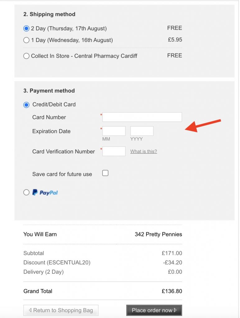 英國Escentual集運教學Step 9：完成後，建議使用Paypal付款，轉入信用卡資料進行結帳。