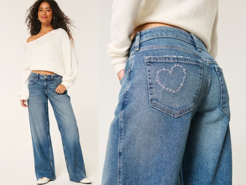 Hollister Low-Rise Medium Wash Embroidered Heart Baggy Jeans